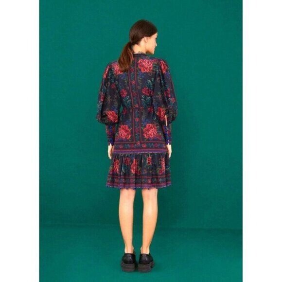 FARM Rio Mini Dress S Black Flower Tapestry Teal Floral Cottagecore Summer - Picture 16 of 16